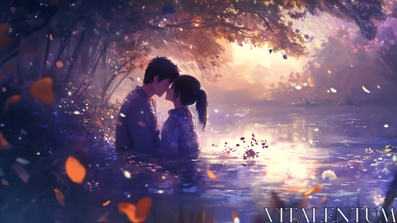Two Figures in Water Under Golden Autumn Foliage