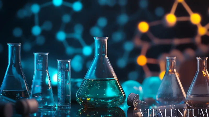 Laboratory glassware with colored liquids on reflective surface.