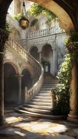 Sunlit ivy stairway inviting quiet, timeless daydreams.