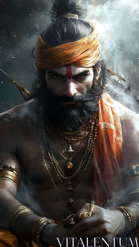 Fierce ascetic warlord crowned in firelit sacred smoke.