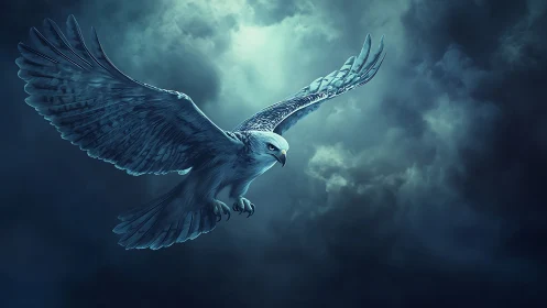 Digital painting of a dramatic eagle in stormlit flight.