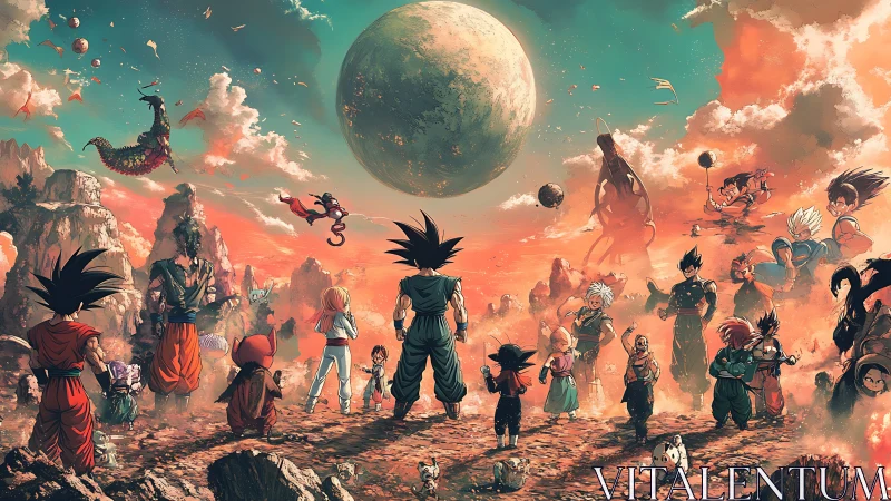 Ensemble of anime warriors on rocky alien battlefield.