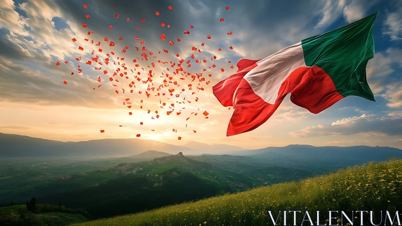 Sunlit Italian flag waves proudly over peaceful green hills