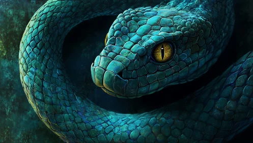 Coiled green snake rendered with detailed scales and sharp eye