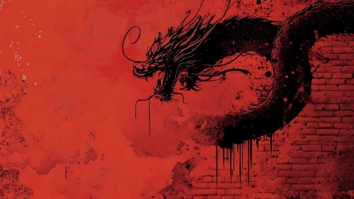 Black dragon mural on distressed red urban wall surface.