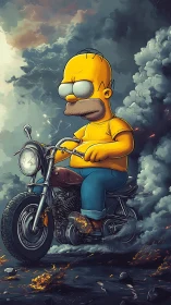 Digital painting of cartoon biker in stormy inferno scene.