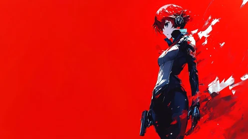 Scarlet echo operative framed in a storm of digital paint.