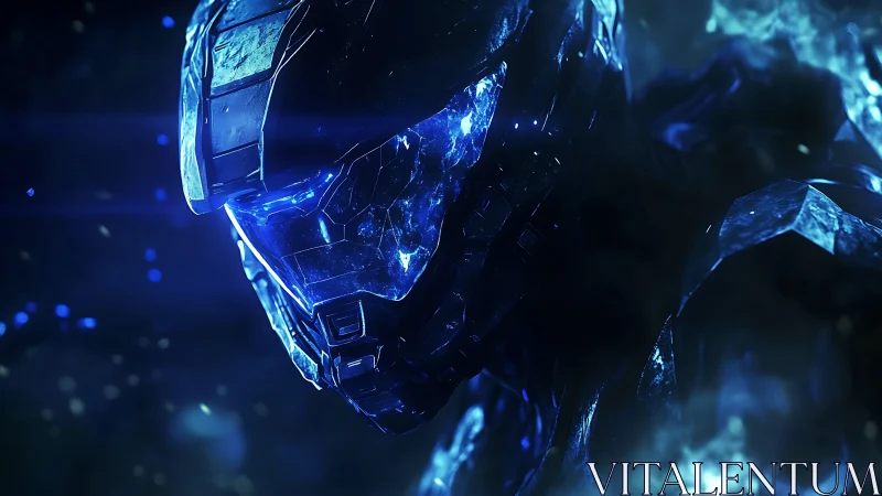 Armored cyber warrior emerges through electric blue void