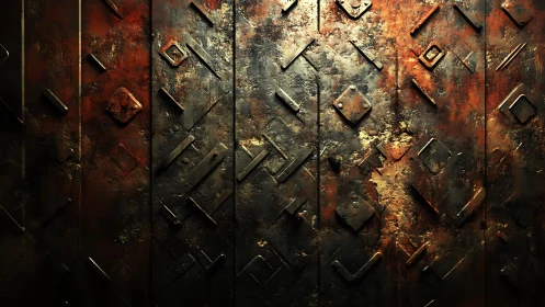 Rusted geometric metal wall glows with industrial warmth.
