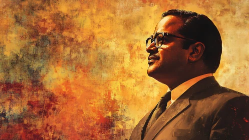 Textured digital portrait of suited man against warm abstract field.