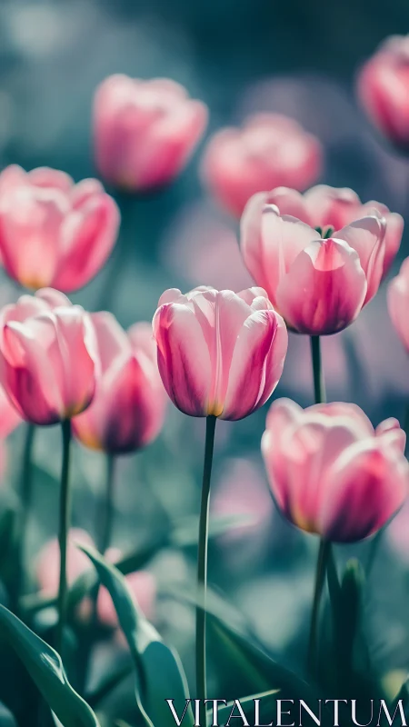 Pink tulips blooming in soft morning light and mist