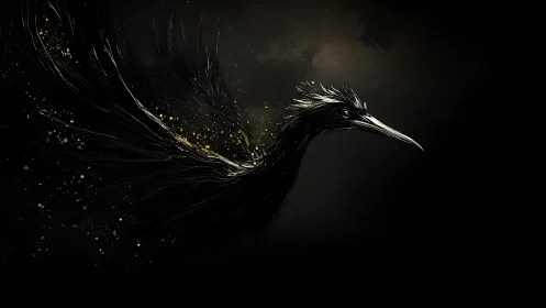 Midnight phoenix heron in streaming gold-lit plumage.