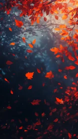 Autumn foliage vortex in misted forest depth-of-field study.