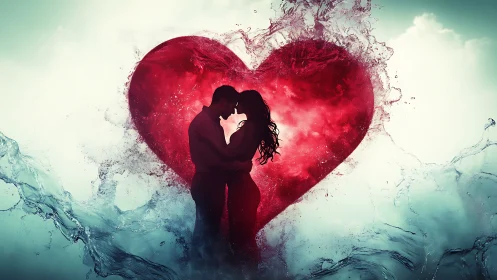 Silhouetted couple kissing within heart made of red explosive effect.