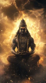 Seated meditative deity figure framed by luminous clouds.