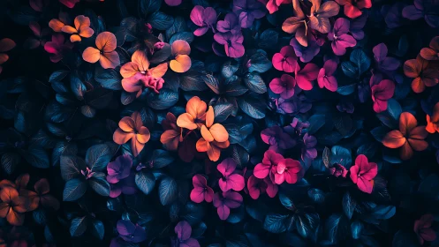 Chromatic nocturne of neon-lit florals in dense foliage.