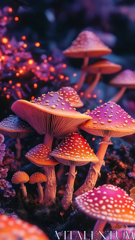 Luminous fantasy mushrooms glow under neon forest dusk.