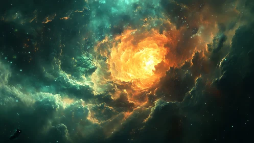 Fiery cosmic nebula vortex glows in deep space clouds.