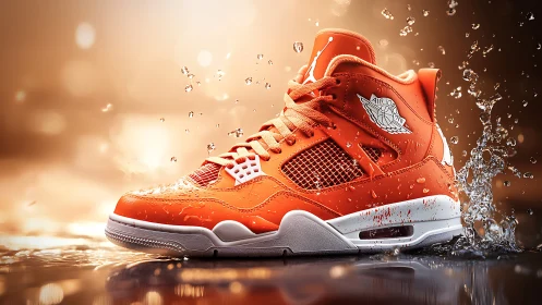Vibrant orange sneaker in dynamic water splash action shot.