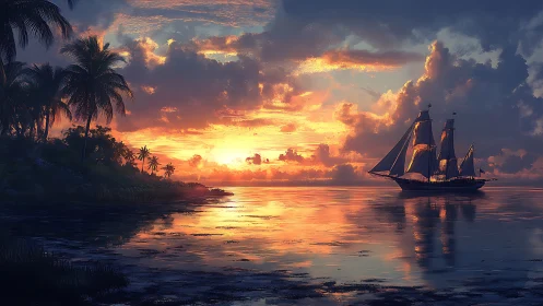 Tall ship sailing past tropical island at vivid sunset.