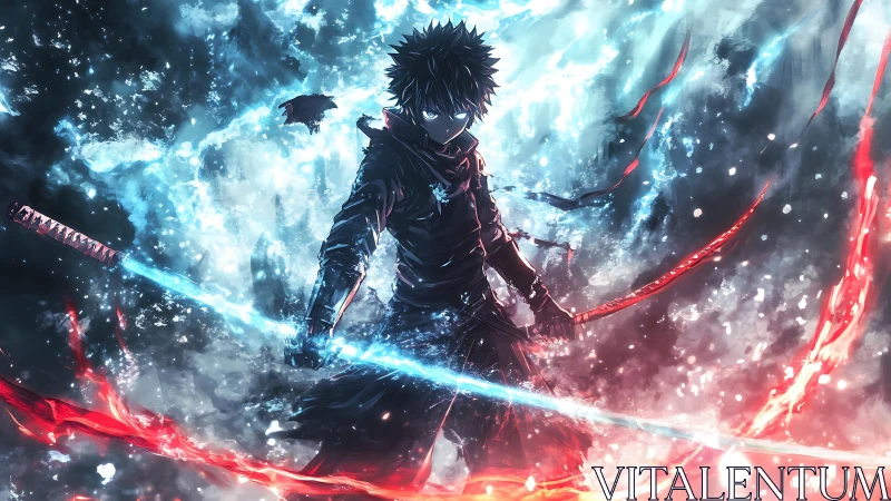 Stormlit swordsman between fire and frost, ready to rise.