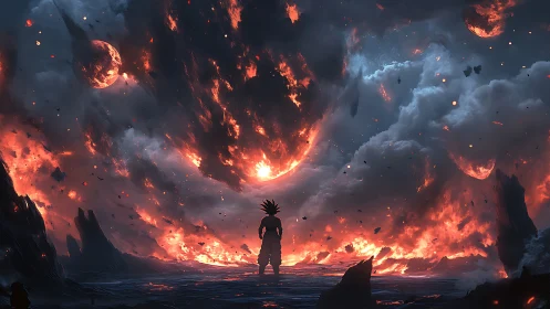 Silhouetted figure beneath burning celestial sky panorama.