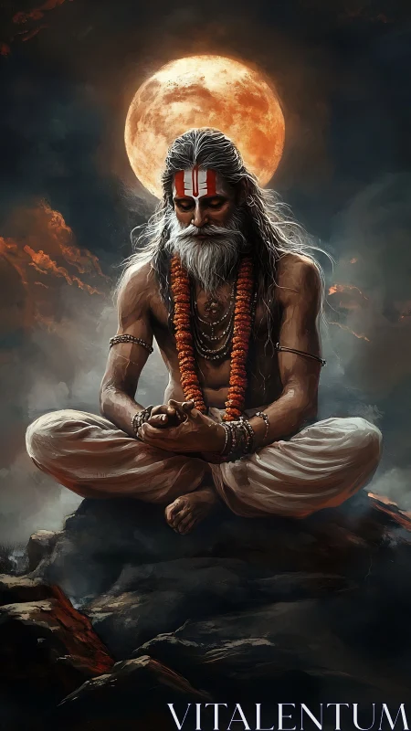 Meditating ascetic levitates before full moon with high-contrast lighting