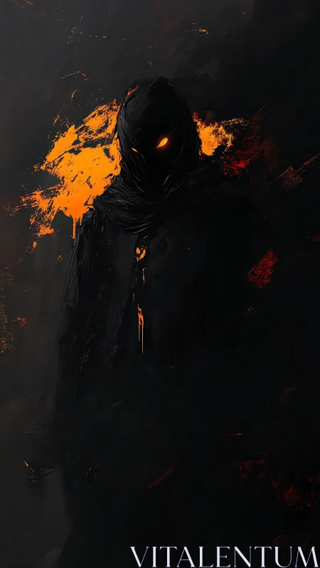 Hooded shadow figure with orange glowing eyes in darkness.