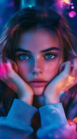 Neon portrait highlights blue-eyed girl in vivid bokeh glow.