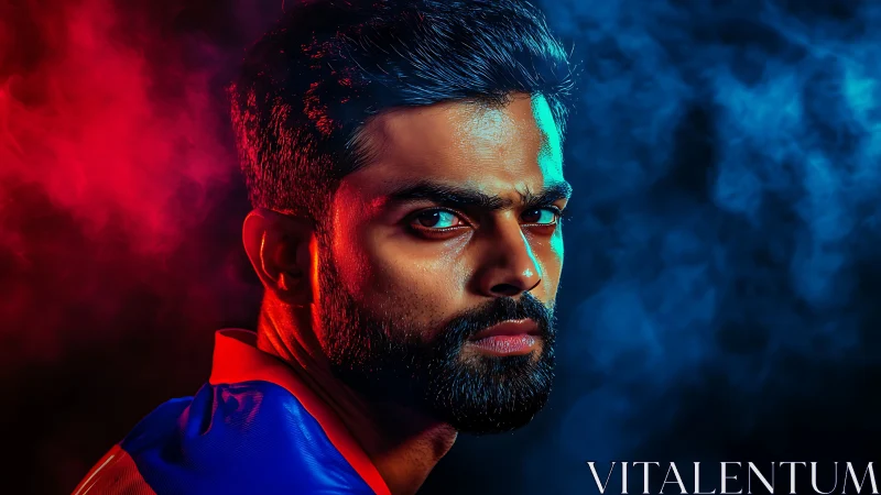 Electric stare framed by bold red and blue stadium haze.