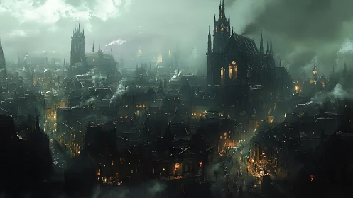 Gothic cathedral dominates smokey steampunk night cityscape.