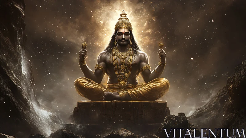 Divine golden deity seated in cosmic mountain shrine.