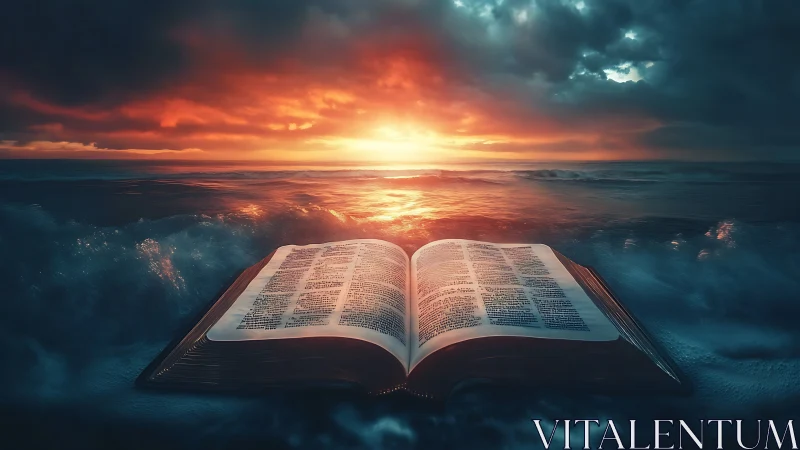 Sacred book adrift on glowing seascape at stormy sunset.