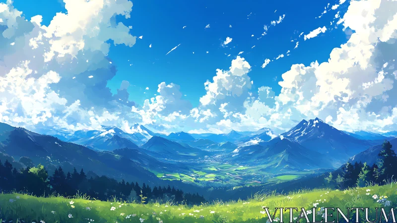 Vast anime mountain valley under bright summer sky.