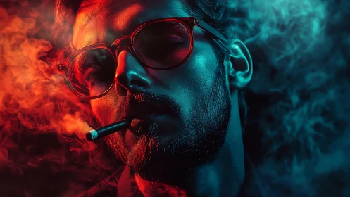 Cyberpunk portrait in neon split lighting with cinematic smoke.