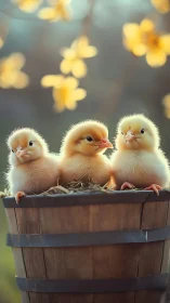 Triad of backlit chicks in shallow depth, soft bokeh field