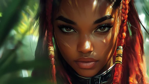 Focused digital portrait of woman with red braided hair.