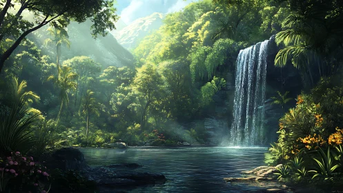 Lush tropical waterfall basin under dappled midday sunlight