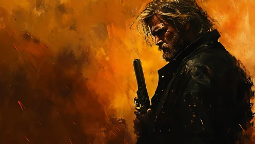 Weathered gunman pauses in a blaze of golden firelight