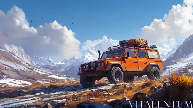 Orange off-road vehicle is parked in a snowy valley
