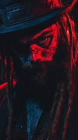 Cinematic low key portrait in red cyan split lighting study.