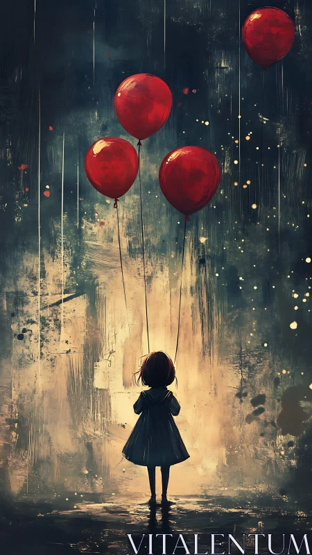 Child silhouette holding red balloons in abstract space.
