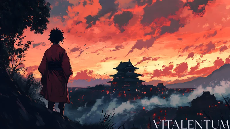 Wanderer in crimson dusk watching a smoking mountain city.