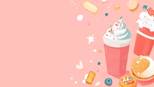 Pastel milkshake illustration with playful dessert treats.