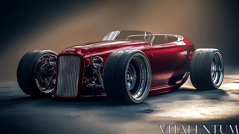 Crimson lowrider roadster prowls under spotlighted asphalt.