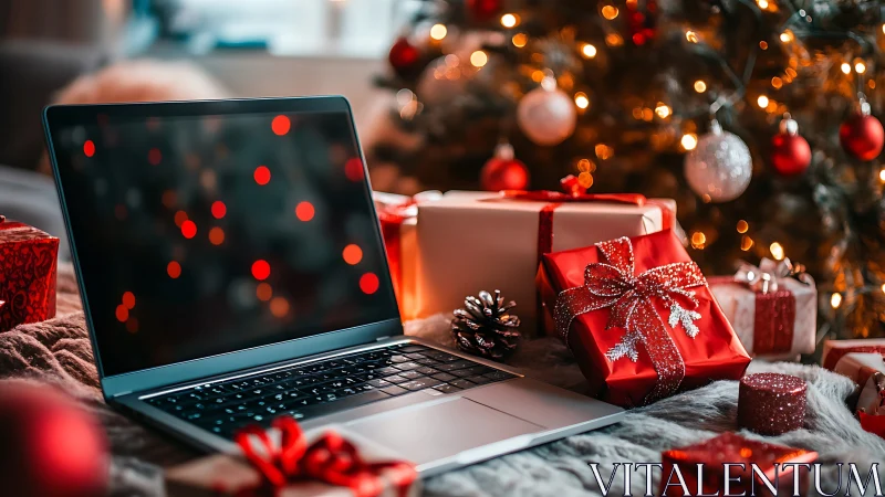 Laptop on cozy bed surrounded by Christmas gifts and lights.