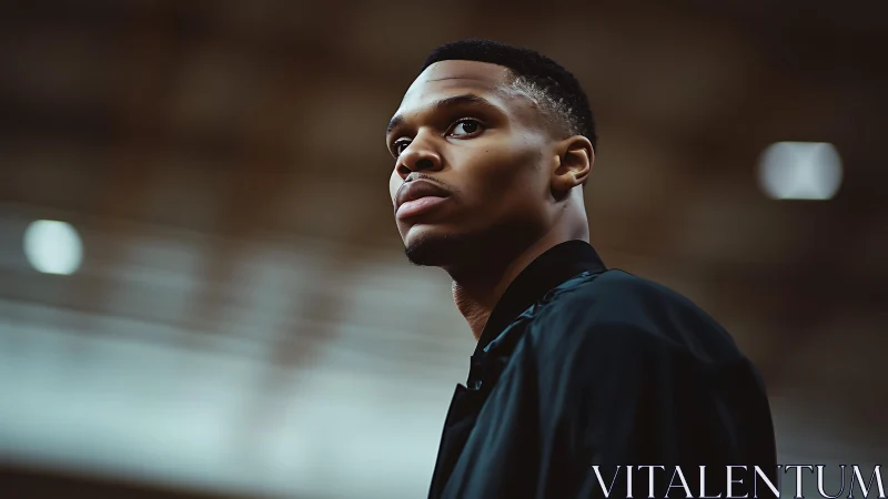 Focused court sideline portrait of a determined young player.