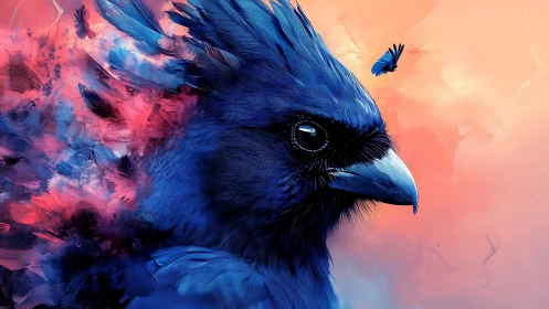 Radiant blue bird gazes calmly into a dreamy pastel sky