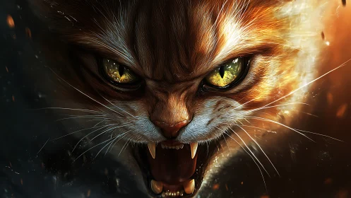 Fierce close up of snarling cat with glowing amber eyes.