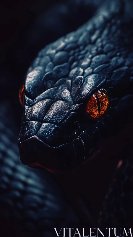Black serpent close-up with molten ember eyes. Period.